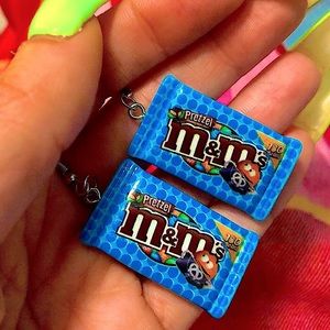 Blue pretzel m&m earrings